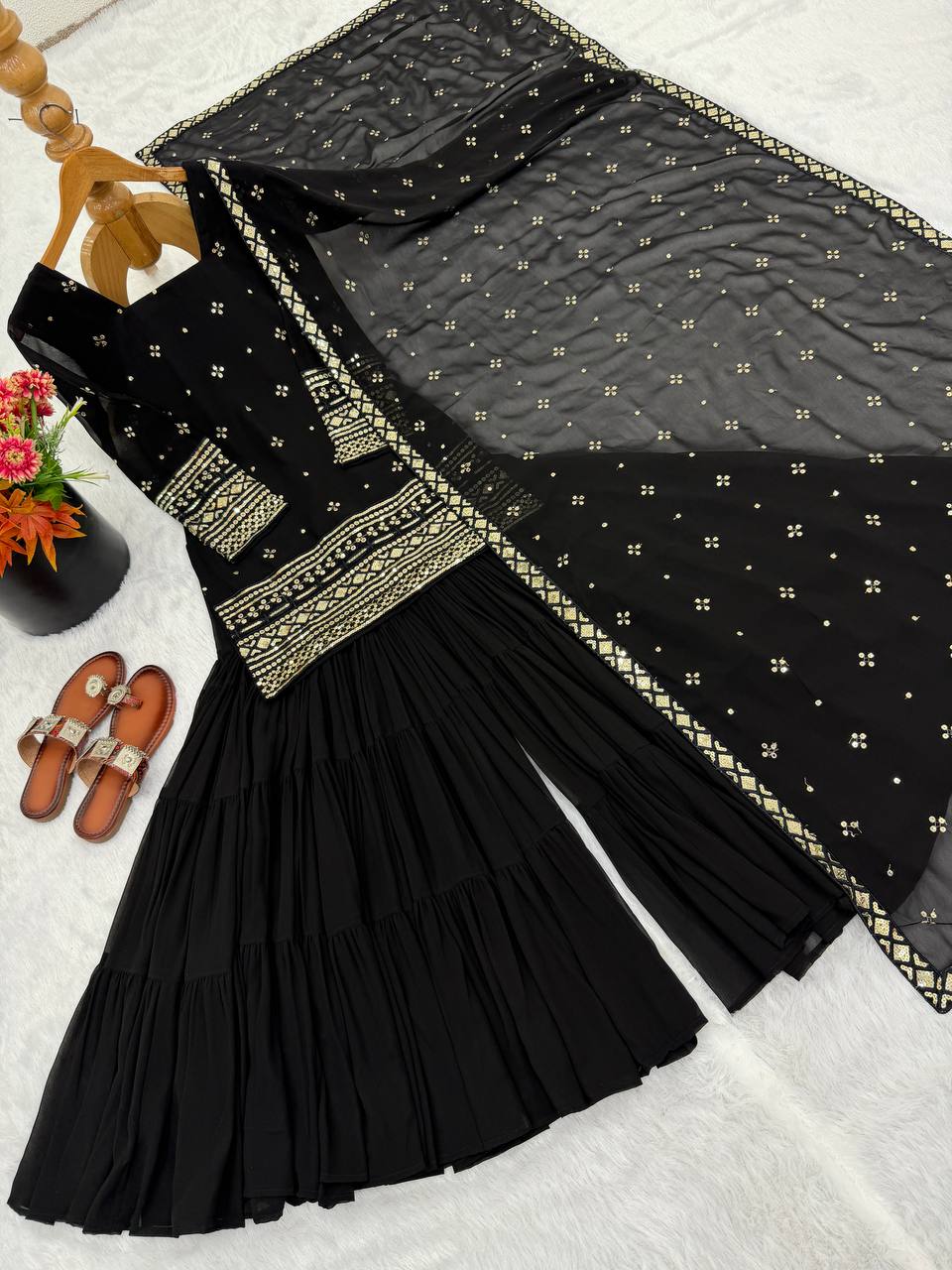 Classy Black Georgette With Embroidery And Sequence Work Sharara Suit