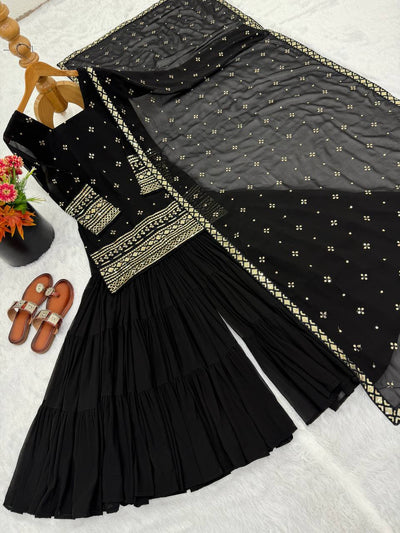 Classy Black Georgette With Embroidery And Sequence Work Sharara Suit
