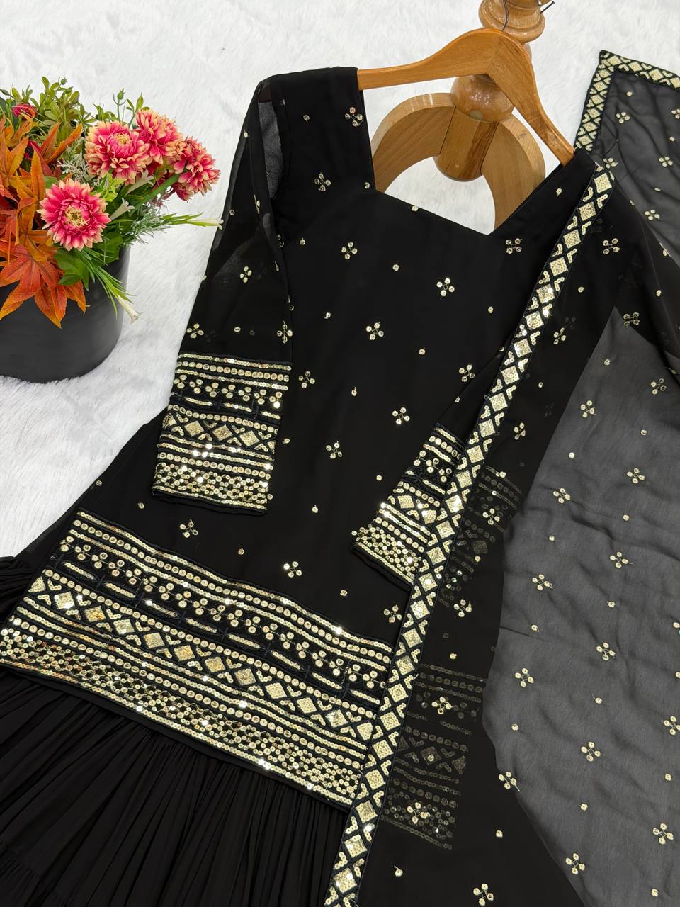 Classy Black Georgette With Embroidery And Sequence Work Sharara Suit