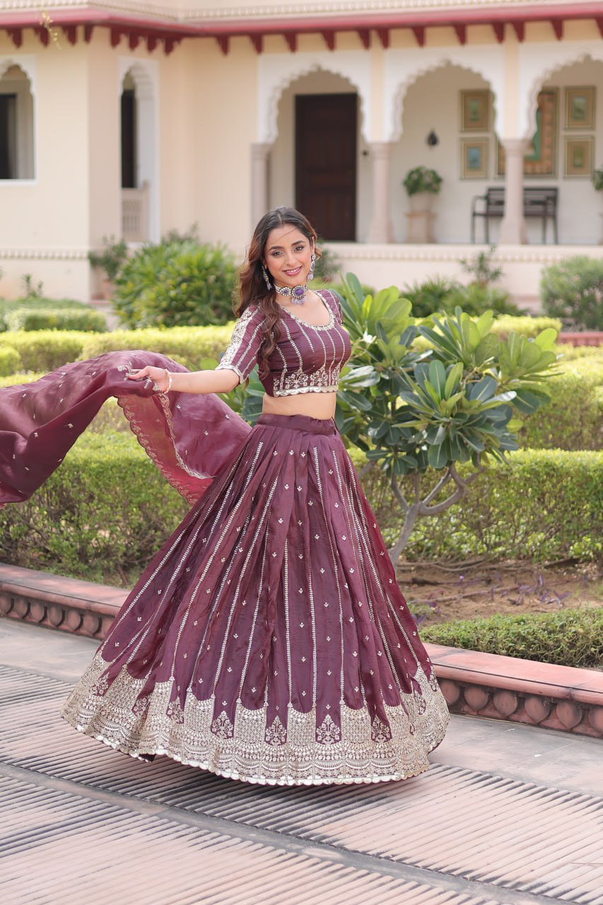 Wedding Wear Purple Color Zari With Sequence Work Lehenga Choli