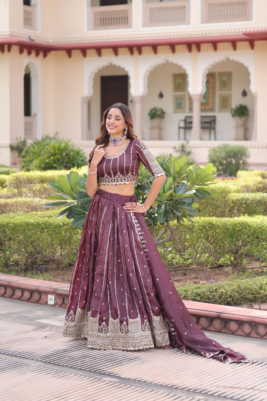 Wedding Wear Purple Color Zari With Sequence Work Lehenga Choli