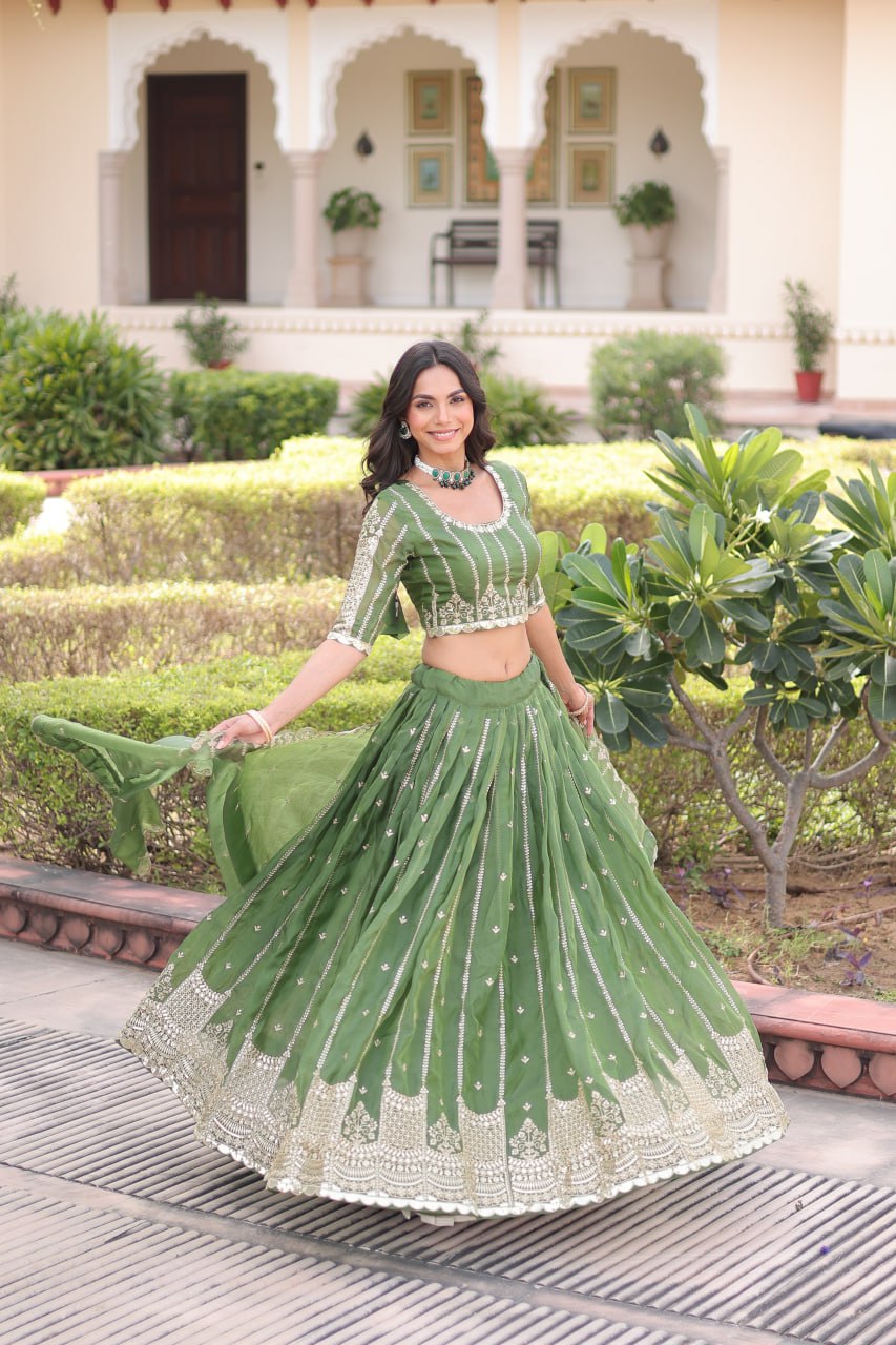 Green Color Zari With Sequence Work Lehenga Choli For Women