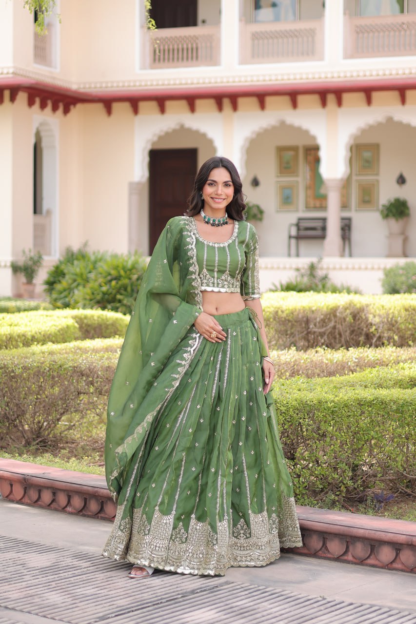 Green Color Zari With Sequence Work Lehenga Choli For Women