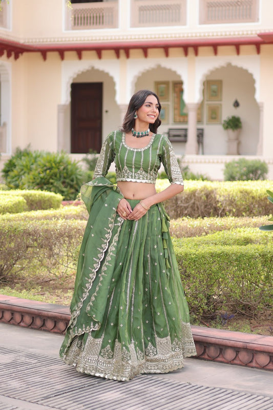Green Color Zari With Sequence Work Lehenga Choli For Women