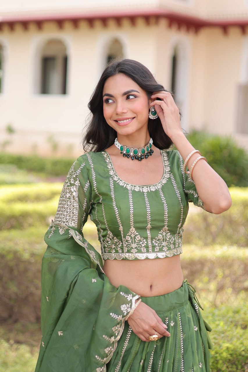 Green Color Zari With Sequence Work Lehenga Choli For Women