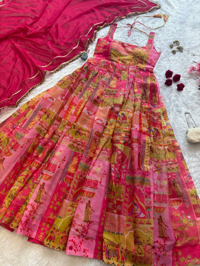 Pink Color Jimmy Chu Silk With Digital Printed Gown With Dupatta
