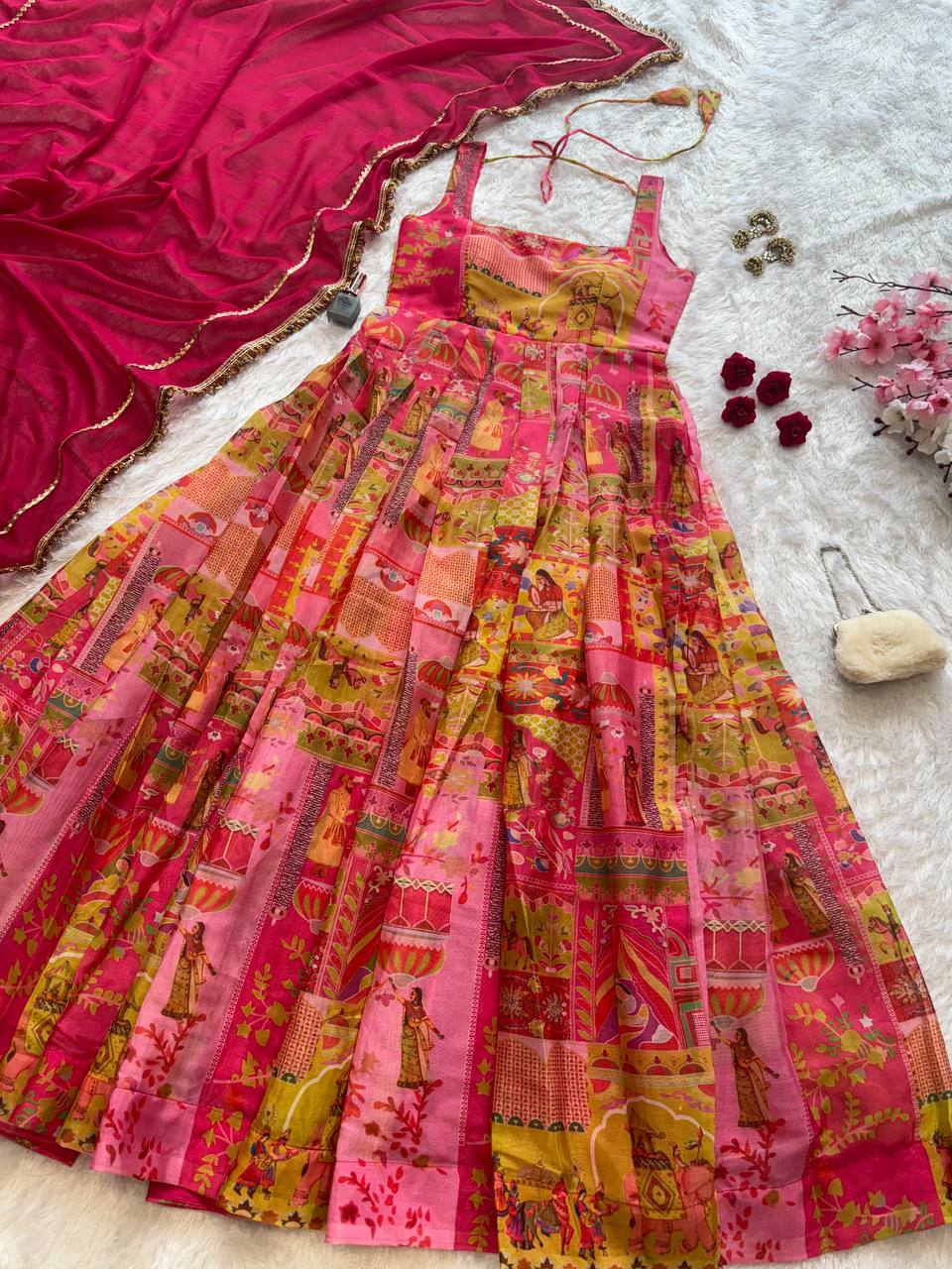 Pink Color Jimmy Chu Silk With Digital Printed Gown With Dupatta