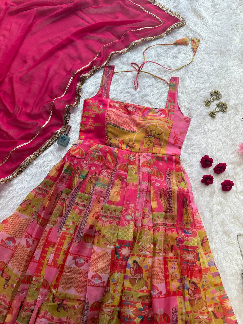 Pink Color Jimmy Chu Silk With Digital Printed Gown With Dupatta