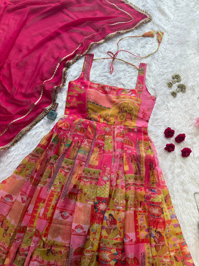 Pink Color Jimmy Chu Silk With Digital Printed Gown With Dupatta
