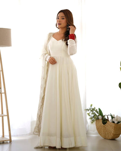 White Color Soft Georgette With Sequence Work Long Anarkali Gown