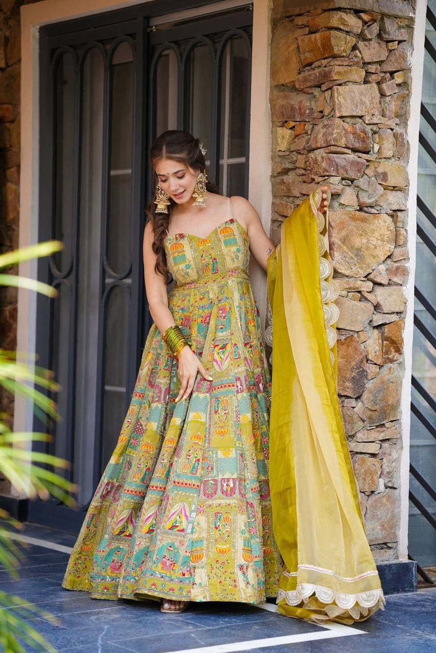 Yellow Color Jimmy Organza Silk Digital Printed Long Gown With Dupatta