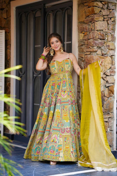 Yellow Color Jimmy Organza Silk Digital Printed Long Gown With Dupatta