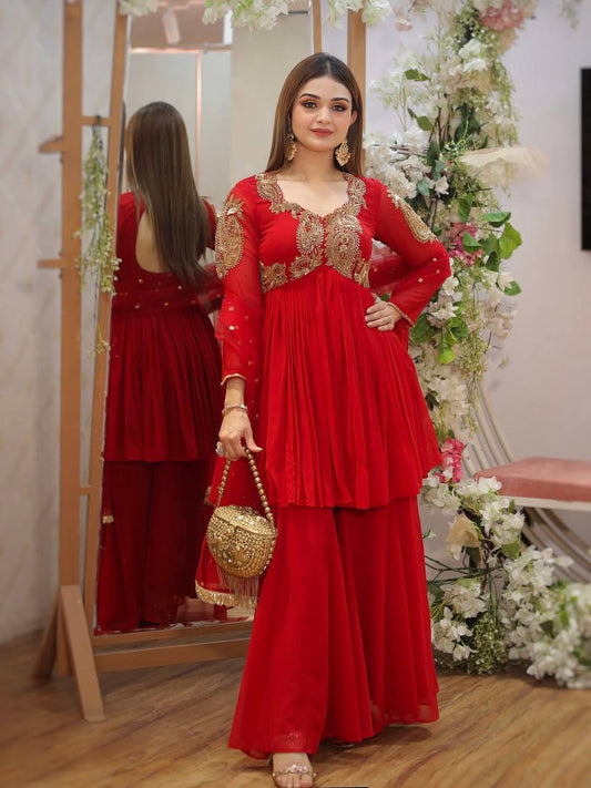 Red Color Heavy Wedding Wear Embroidery Work Top With Plazoo With Dupatta