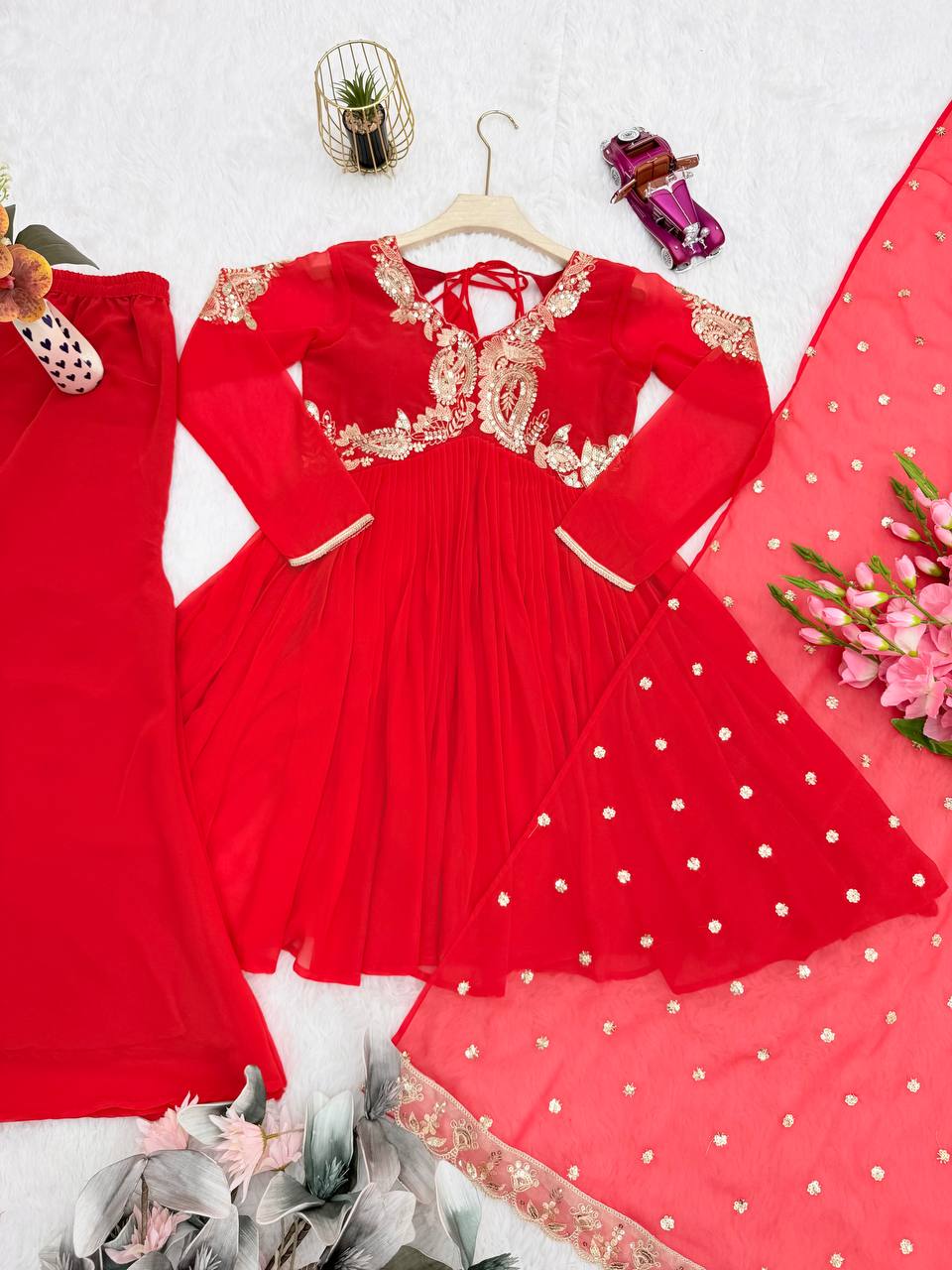 Red Color Heavy Wedding Wear Embroidery Work Top With Plazoo With Dupatta