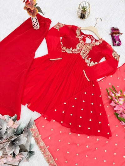 Red Color Heavy Wedding Wear Embroidery Work Top With Plazoo With Dupatta