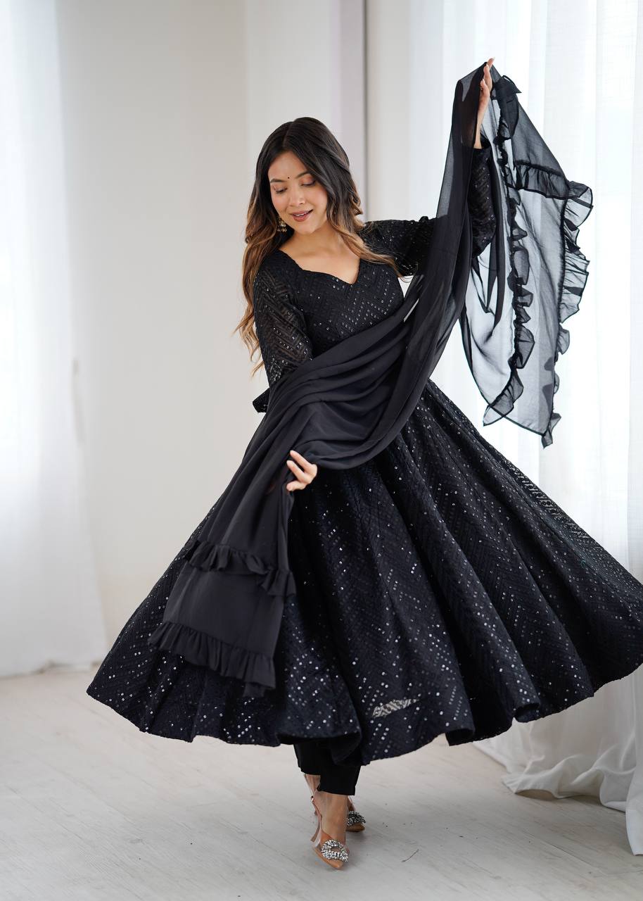 Wedding Wear Black Color Embroidery With Sequence Anarkali Suit