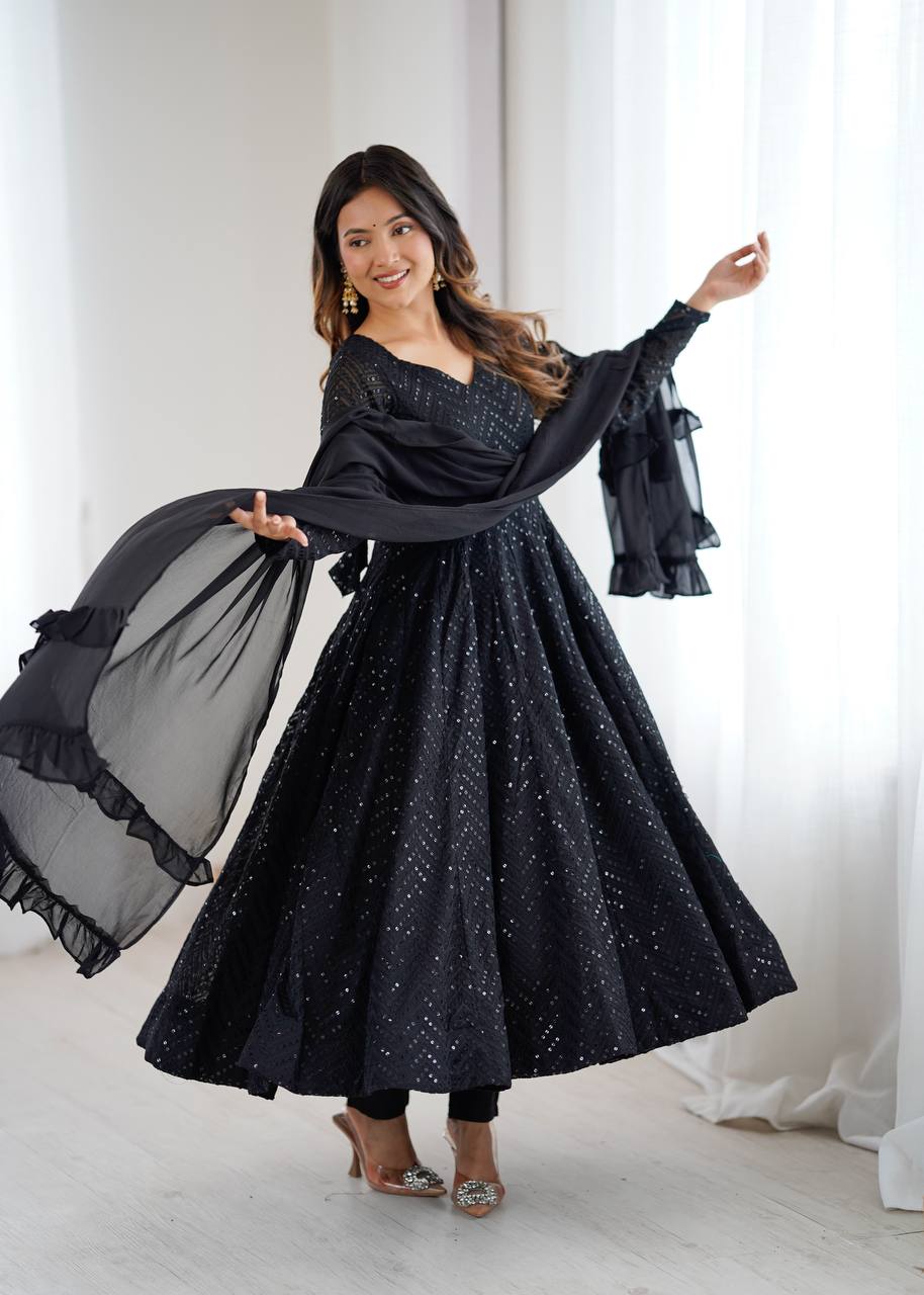 Wedding Wear Black Color Embroidery With Sequence Anarkali Suit