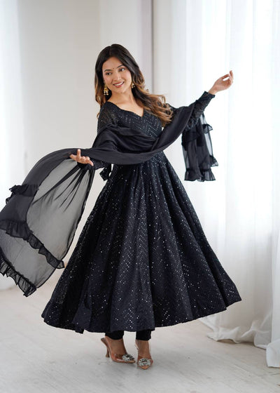 Wedding Wear Black Color Embroidery With Sequence Anarkali Suit