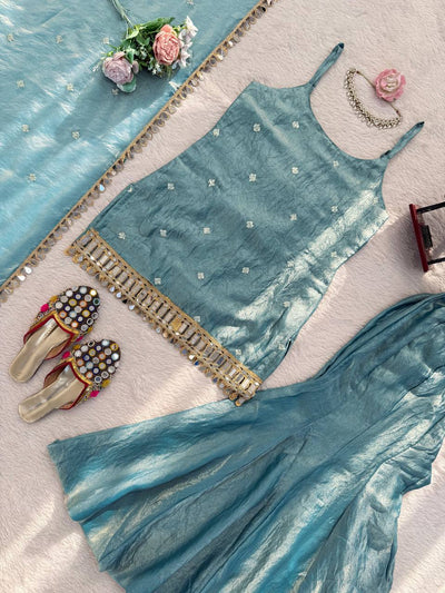 Sky Blue Color Fandy Silk With Sequence Work Sharara Suit For Wedding