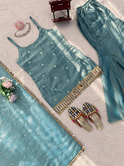 Sky Blue Color Fandy Silk With Sequence Work Sharara Suit For Wedding