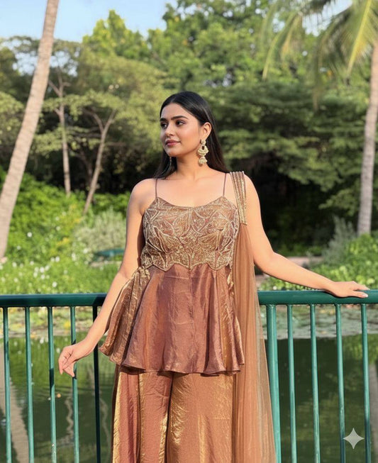 Designer Gold Brown Zimmy CHoo Silk Wear Top With Plazo And Dupatta