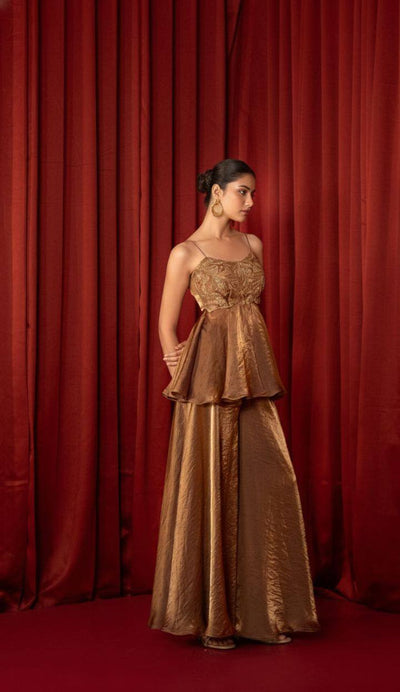 Designer Gold Brown Zimmy CHoo Silk Wear Top With Plazo And Dupatta