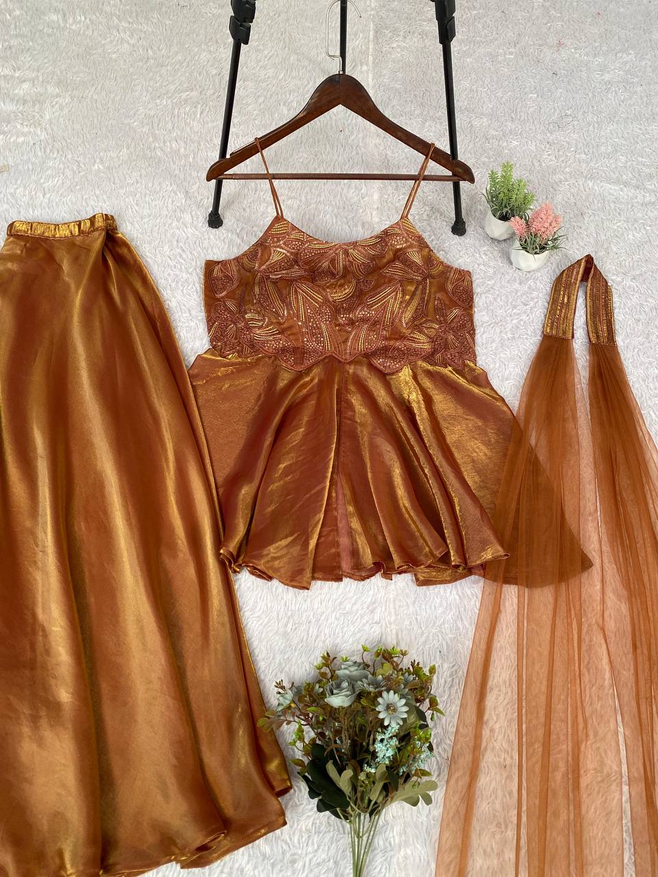 Designer Gold Brown Zimmy CHoo Silk Wear Top With Plazo And Dupatta