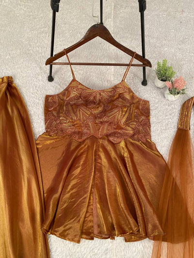 Designer Gold Brown Zimmy CHoo Silk Wear Top With Plazo And Dupatta