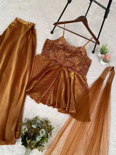 Designer Gold Brown Zimmy CHoo Silk Wear Top With Plazo And Dupatta