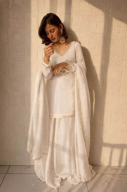 White Color Fandy Silk Wear Plazo Suit