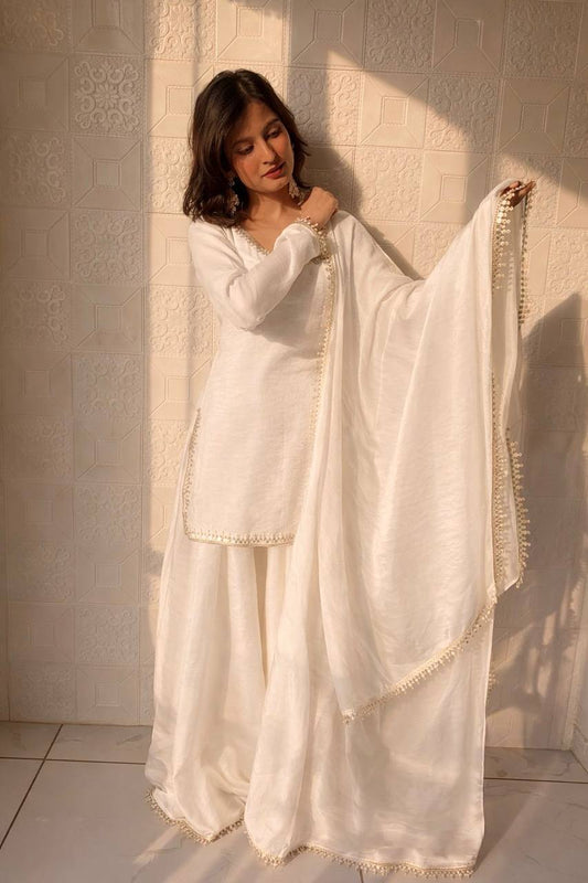 White Color Fandy Silk Wear Plazo Suit