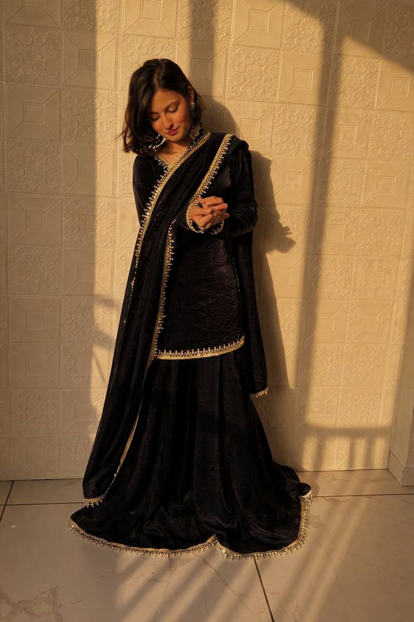 Black Color Function Wear Mirror Work Plazo Suit