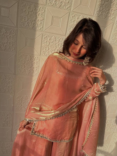 Peach Color Mirror And Lace Work Plazo Suit