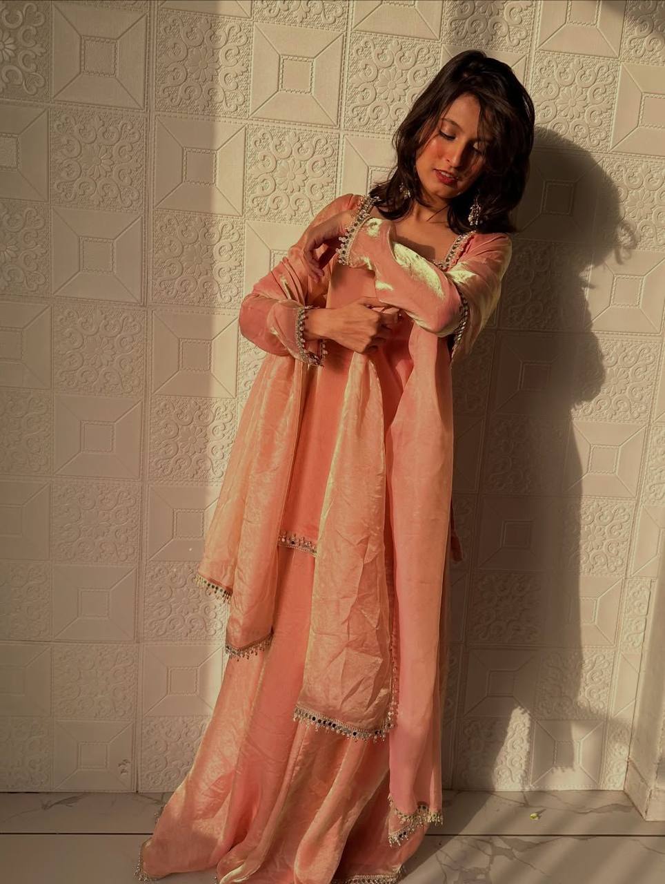 Peach Color Mirror And Lace Work Plazo Suit