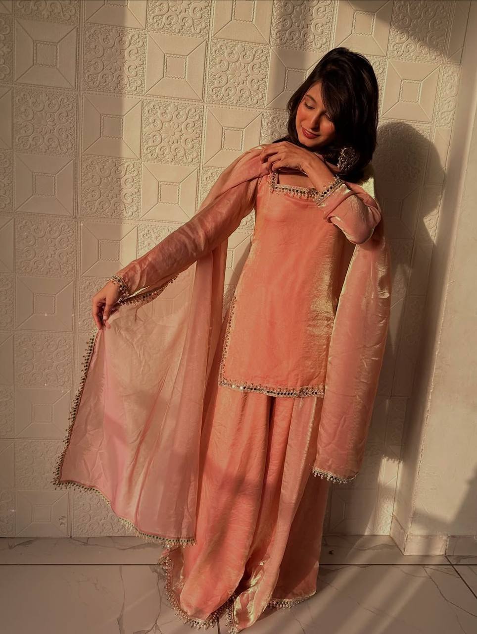 Peach Color Mirror And Lace Work Plazo Suit