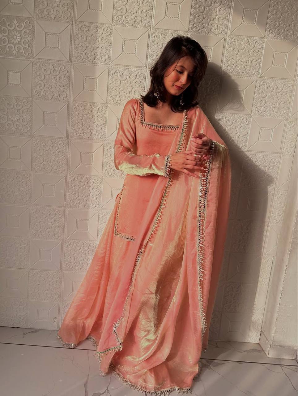 Peach Color Mirror And Lace Work Plazo Suit