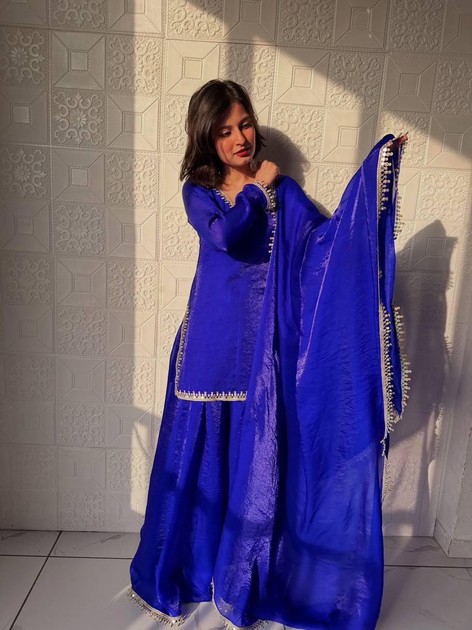 Blue Color Designer Fandy Silk Wear Plazo Suit