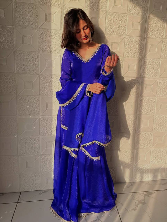 Blue Color Designer Fandy Silk Wear Plazo Suit