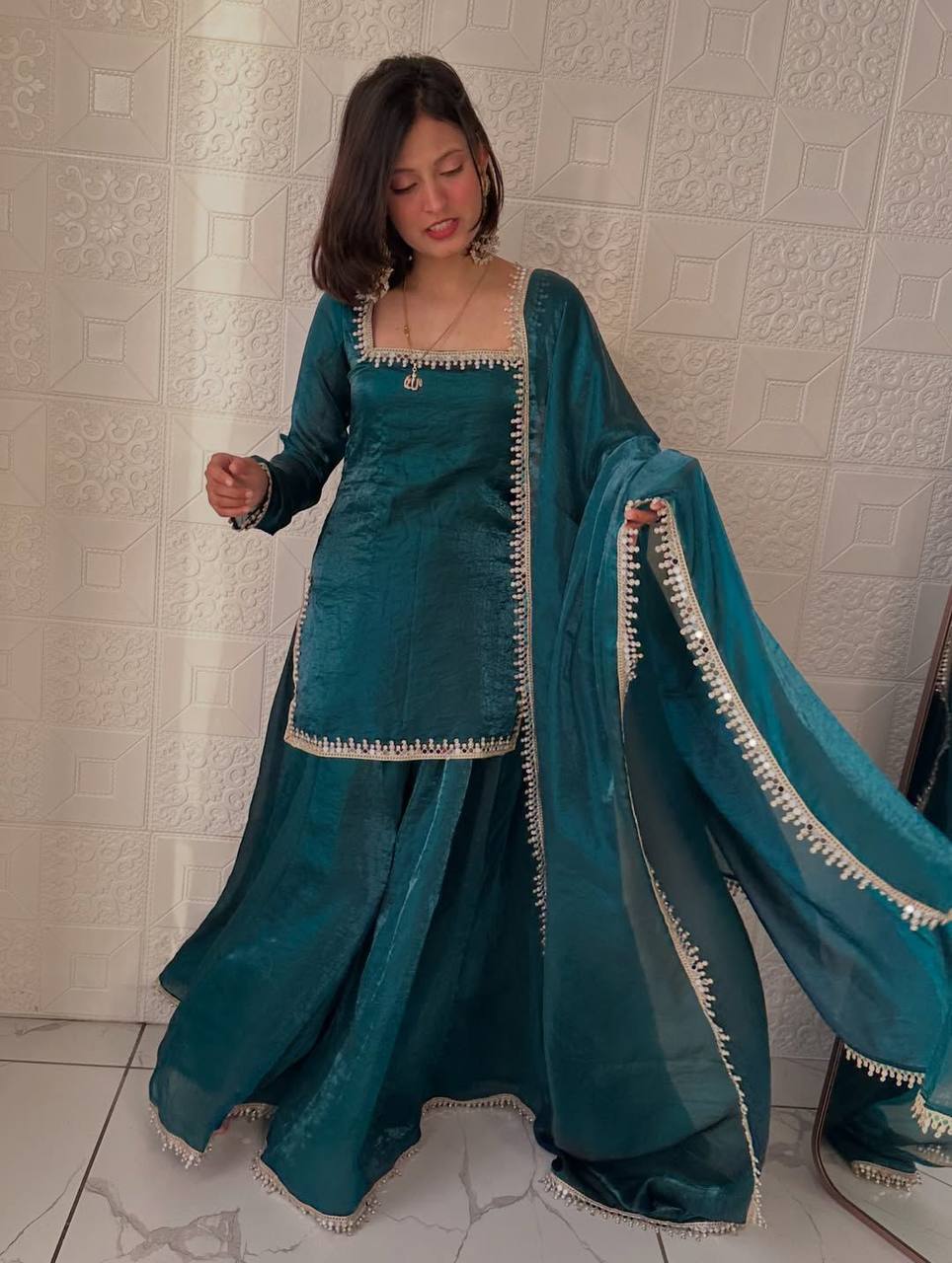 Green Color Function Wear Plazo Suit For Women