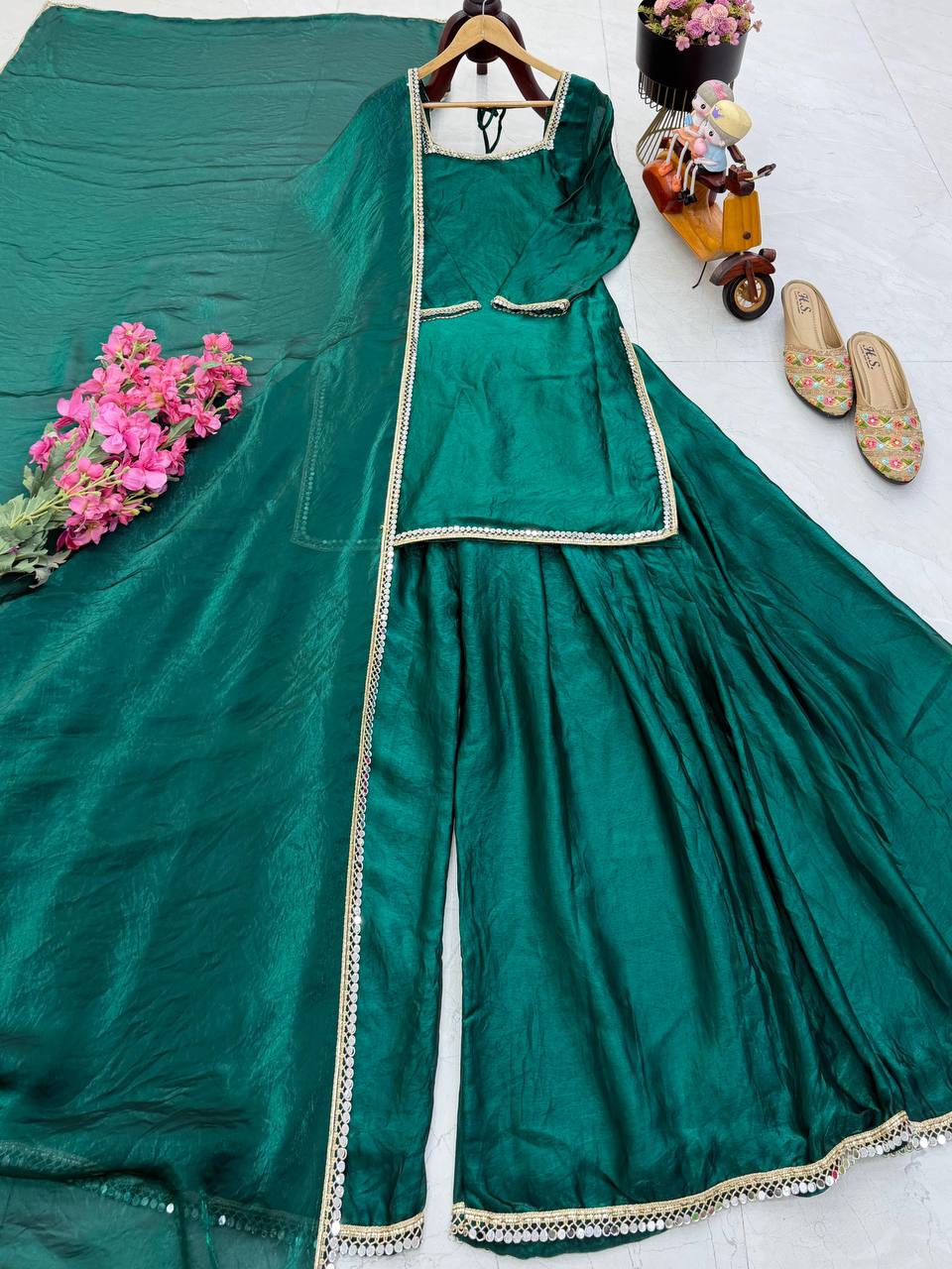 Green Color Function Wear Plazo Suit For Women
