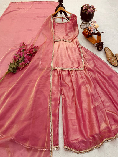 Peach Color Mirror And Lace Work Plazo Suit