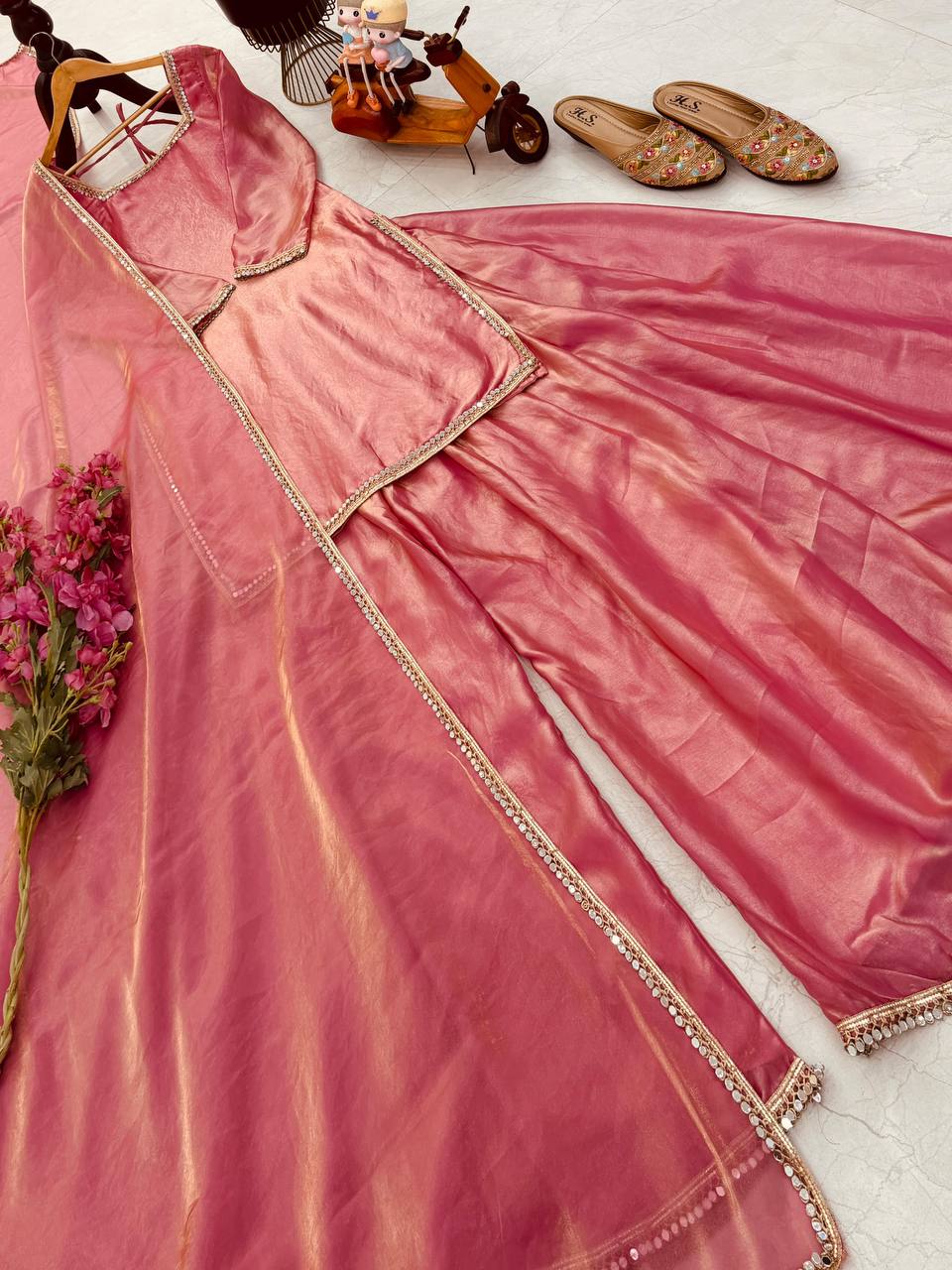 Peach Color Mirror And Lace Work Plazo Suit