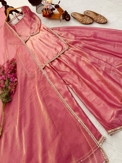 Peach Color Mirror And Lace Work Plazo Suit