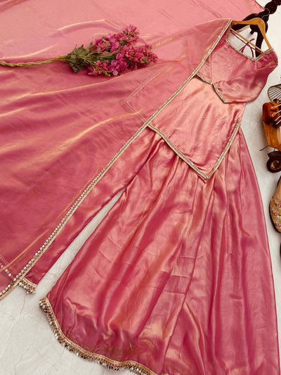 Peach Color Mirror And Lace Work Plazo Suit