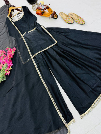 Black Color Function Wear Mirror Work Plazo Suit