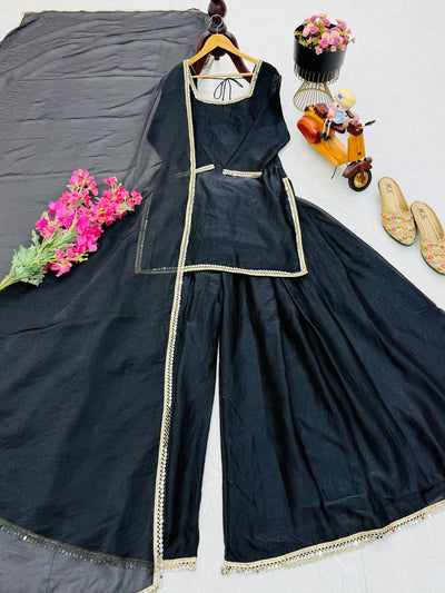 Black Color Function Wear Mirror Work Plazo Suit