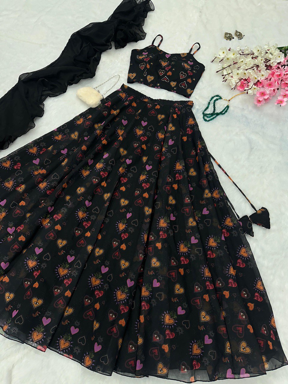 Classy Black Color Hand Painted Lehenga Choli For Festive