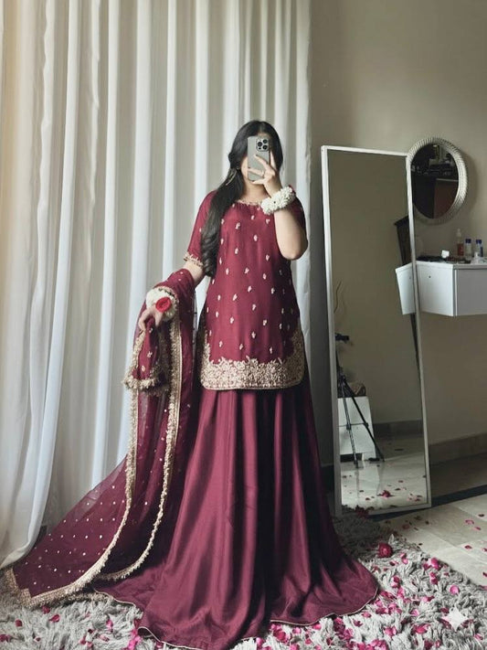 Plum Color Chinon Silk Wear Sharara Suit For Women