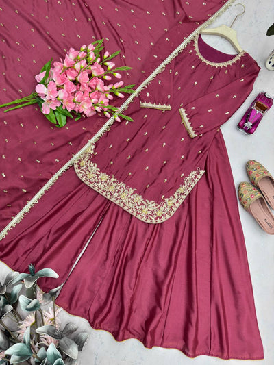 Plum Color Chinon Silk Wear Sharara Suit For Women