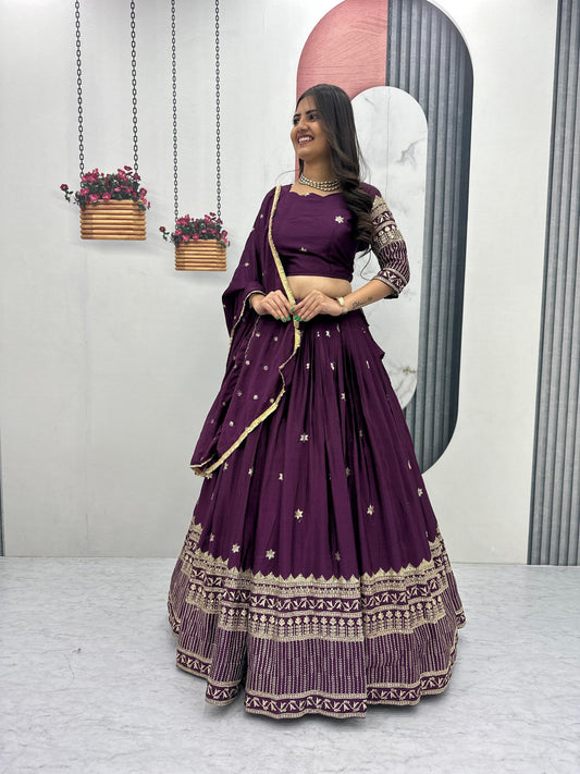 Wine Chinon Silk Embroidery And Sequence Work Lehenga Choli